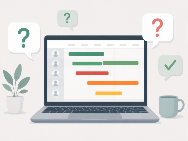 Ein Laptop zeigt ein Gantt-Diagramm in Ampelfarben, umgeben von Sprechblasen mit Fragezeichen und einem Häkchen – Sinnbild für häufige Fragen zum Dienstplan-Analyse-Tool